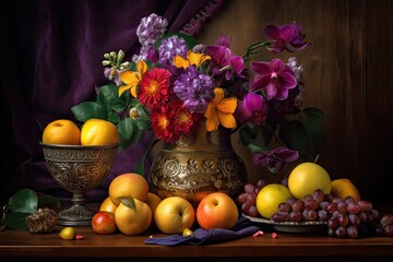 Fresh Fruits, Flowers and Gold of a Colorful Still Life Scene. Generative AI