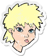 retro distressed sticker of a cartoon curious girl