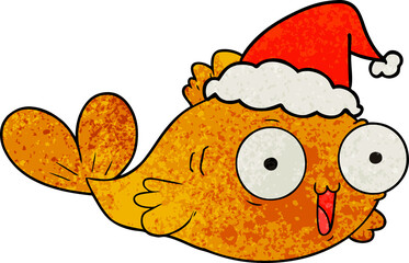 happy goldfish textured cartoon of a wearing santa hat