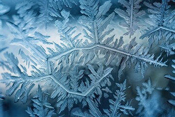 Macro Close-Up of Frost Patterns and Snowflakes on a Glass in Deep Blue Winter Nature, Generative AI