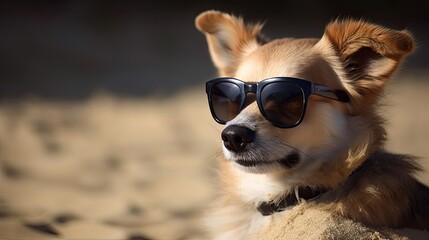 Puppy on Vacation: Embracing Summer Sun with Sunglasses and Sand. Generative AI