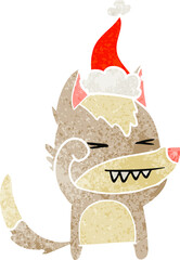 tired wolf retro cartoon of a wearing santa hat