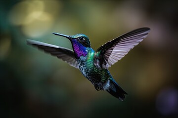 Plakat Yellow Hummingbird in Colorful Flight: A Closeup of Nature's Smallest Bird Hovering in the Wild. Generative AI