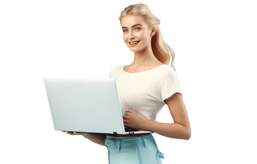 Fototapeta premium AI generated young happy french blond woman looking at the camera using a laptop device , isolated on a monocolor background