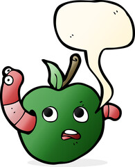 cartoon worm in apple with speech bubble