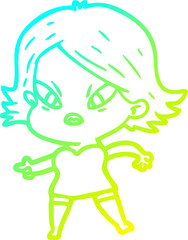 cold gradient line drawing cartoon stressed woman