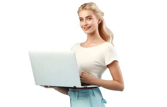 AI generated young happy french blond woman looking at the camera using a laptop device , isolated on a monocolor background