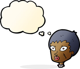 cartoon female zombie head with thought bubble