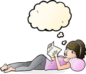 cartoon pretty woman reading book with thought bubble
