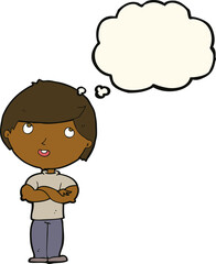 cartoon happy man with folded arm with thought bubble