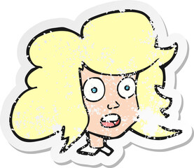 retro distressed sticker of a cartoon surprised female face