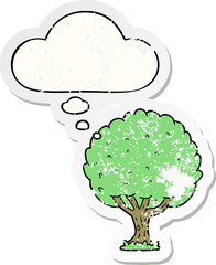 cartoon tree and thought bubble as a distressed worn sticker