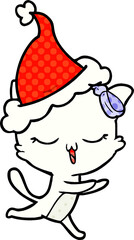 comic book style illustration of a cat with bow on head wearing santa hat