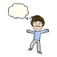 cartoon boy panicking with thought bubble