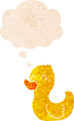 cartoon duck and thought bubble in retro textured style