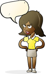 cartoon annoyed woman with hands on hips with speech bubble
