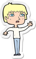 sticker of a cartoton unhapy boy waving