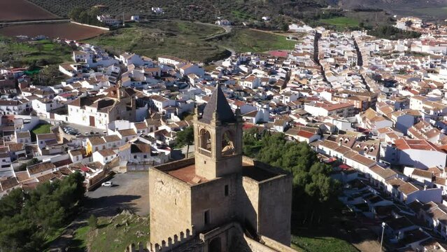 Aerial drone footage of the castle of Antequera with Spanish medieval and moorish town in Andalusia