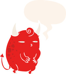cartoon fat little halloween devil and speech bubble in retro style