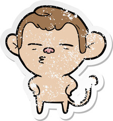 distressed sticker of a cartoon suspicious monkey