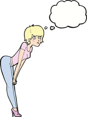 cartoon woman looking at something with thought bubble