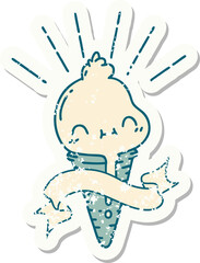 grunge sticker of tattoo style ice cream character