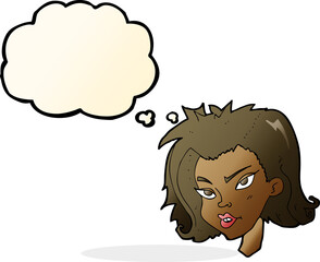 cartoon female face with thought bubble