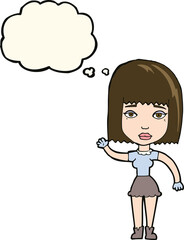 cartoon waving woman with thought bubble