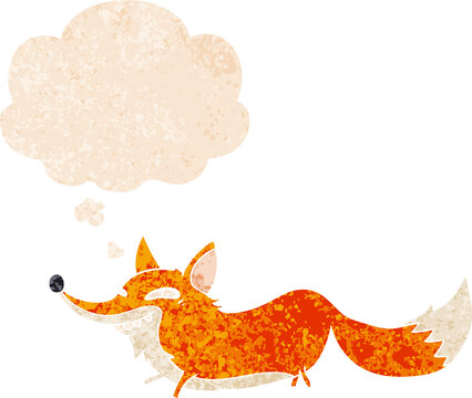 cartoon sly fox and thought bubble in retro textured style
