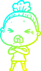 cold gradient line drawing cartoon angry old woman
