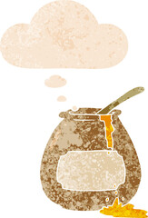 cartoon honey pot and thought bubble in retro textured style