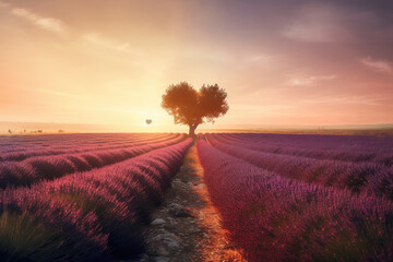 Fototapeta na wymiar A love tree on a lavender field, generative AI