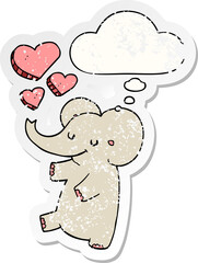 cartoon elephant with love hearts and thought bubble as a distressed worn sticker