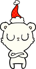 peaceful comic book style illustration of a polar bear wearing santa hat