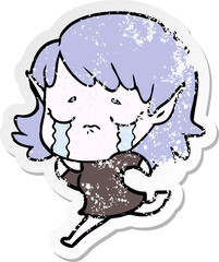 distressed sticker of a cartoon crying elf girl