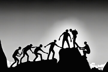 Silhouette of teamwork, a team of people helping each other to cross a gap, conquer difficulties, face challenges, 
