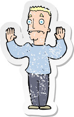 retro distressed sticker of a cartoon man surrendering