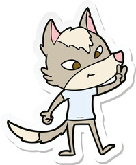 Obraz na płótnie Canvas sticker of a friendly cartoon wolf giving peace sign