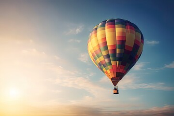 Fototapeta na wymiar Colorful hot air balloon flying on sky at sunset. travel and air transportation concept. Generative Ai.