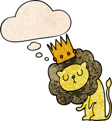cartoon lion with crown and thought bubble in grunge texture pattern style