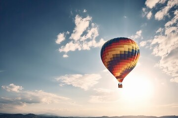 Fototapeta premium Colorful hot air balloon flying on sky at sunset. travel and air transportation concept. Generative Ai.