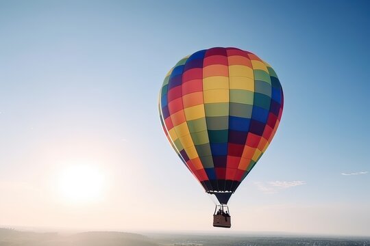 Colorful hot air balloon flying on sky at sunset. travel and air transportation concept. Generative Ai.