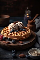 ice cream with waffles, caramel syrup on a white dish. Fresh waffles with ice cream and maple syrup on a wooden. Generative Ai.