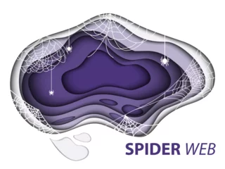 Poster Spiderweb for Halloween design. 3D Spider web elements,spooky, scary, horror halloween decor. Purple hand drawn silhouette © robu_s