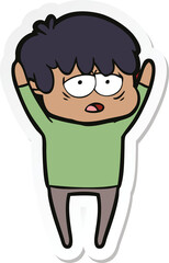 sticker of a cartoon exhausted boy