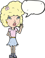 cartoon woman waving with speech bubble