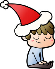 gradient cartoon of a happy boy wearing santa hat