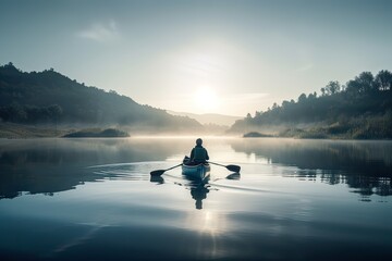Rear view of kayaker man paddle kayak at sunset sea. Kayaking, canoeing, paddling. Generative Ai. - obrazy, fototapety, plakaty