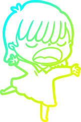 cold gradient line drawing cartoon woman talking loudly