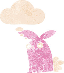 cartoon bunny rabbit and thought bubble in retro textured style